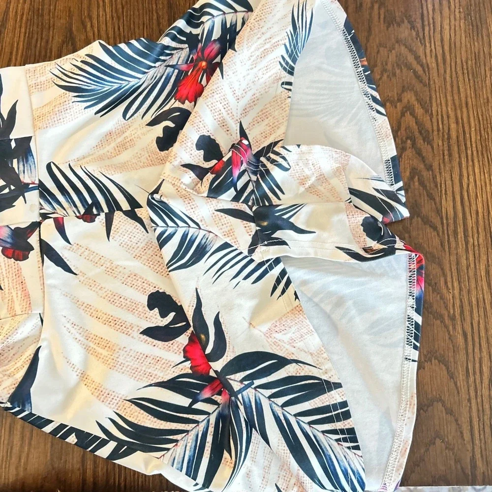 Womens Tropical Floral Palm Print Romper White Pink Blue Sleeveless V-Neck A0308